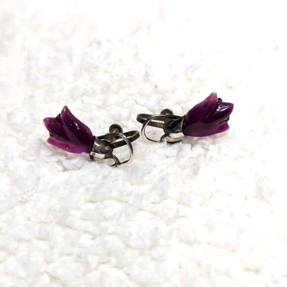 Vintage 40's /50's Sterling Silver & Purple Lucite Tulip Screw Back Earrings - Picture 10 of 11
